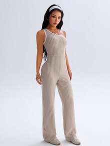 Easithlete 1 pieza Mono sin mangas para mujer con diseño de costura para deportes, correr, entrenamiento, yoga - Caqui - Ver 6