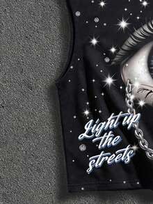 Manfinity ZONE917 Box-Shaped Cropped Street Style Faux Snowflake, Rhinestone, Star, Cross, Eye, Large Pattern Print Cropped Vest - Black - View 4