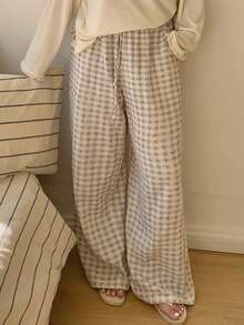 Dazy Plus Pantalones de pijama de talla grande con estampado de cuadros y bolsillo con nudo - Albaricoque - Ver 4
