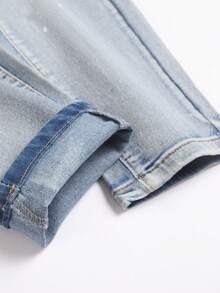 Manfinity Roghcode Men's Fashionable Printed Distressed Washed Jeans, Plain Slim Fit Long Washed Baby Blue Cargo Jeans, For Husband, Boyfriend Gifts, Ripped Jeans Men, Splatter Paint Jeans, Hip Hop Jeans - Light Wash - View 7