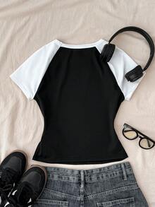 少女黑白撞色星星印花休闲圆领T恤，夏季 - 黑與白 - 查看 2