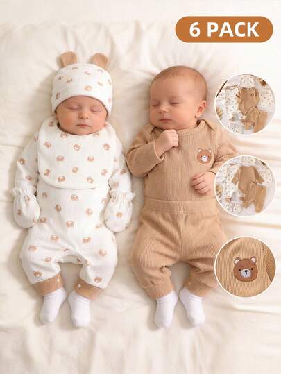 7pcs/Set Newborn Baby Bear Print Long Sleeve Romper Gift Set