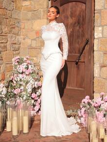 Glamrae 优雅奢华的薄纱袖弹力蕾丝贴花珍珠蕾丝拼接弹力针织美人鱼裙性感无肩带长拖尾，适合婚礼、派对、度假、舞会、新娘礼服 - 米色 - 查看 7