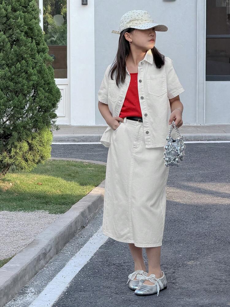 Tween Girl Collared Single-Breasted Short Sleeve Cardigan And Denim Skirt Casual Outfit