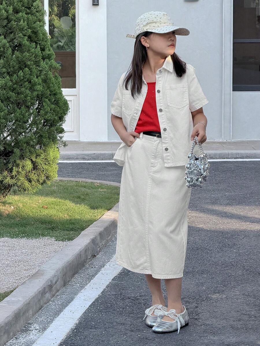 DAZY 少女单排扣短袖开衫搭配牛仔裙休闲装 - 白色 - 查看 1