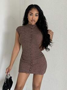 Alexandranx Váy ngắn tay lửng đơn hàng khuy trơn màu đơn sắc thường ngày dành cho nữ - màu nâu - Xem 5