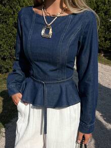 DAZY Women's Boat Neck Cinched Waist Waist Ruffle Hem Elegant Pullover Denim Top - Medium Wash - View 1