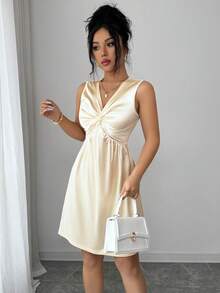 SHEIN Elenzya Champagne Satin Sleeveless V-Neck Twist Front Midi Dress, Elegant Luxury Drape Style, Suitable For Dates And Formal Occasions - Champagne - View 6