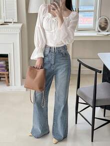 DAZY Early Spring French Niche Frill Trim Tie Front Puff Sleeve Cropped Chiffon Blouse For Women - White - View 7