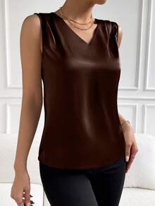 EMERY ROSE 女士简约优雅纯色褶皱V领衬衫，夏季 - 巧克力棕 - 查看 4