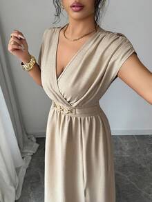 Elenzga Women's Elegant V-Neck Ruched Waist Split Hem Dress - Khaki - View 5