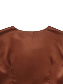 GlowEve New V-Neck Cross Strap Sleeveless Shiny Fabric Elegant Commuter Young Versatile Everyday Fitted Women Blouse - Brown - View 7
