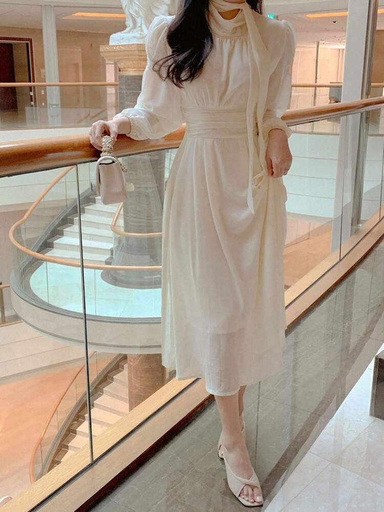 French Style Turtleneck Long Sleeve A-Line Dress, Elegant Chiffon Flowing Dress For Women Sundress