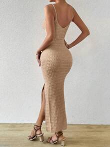 Breezaya Đầm len hai dây xẻ tà, màu trơn, chất liệu dệt kim, thích hợp cho kỳ nghỉ hè. - Màu be - Xem 2