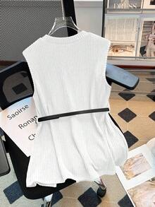 Lyxana Women's Solid Color Ribbed Pearl Knit Tank Top, Autumn/Winter - White - View 2