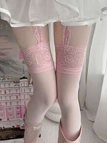 ROMWE Fairycore 1双性感纯色蕾丝袜，复古粉色吊带连裤袜，性感超薄弹力连裤袜 - 淺粉色 - 查看 1