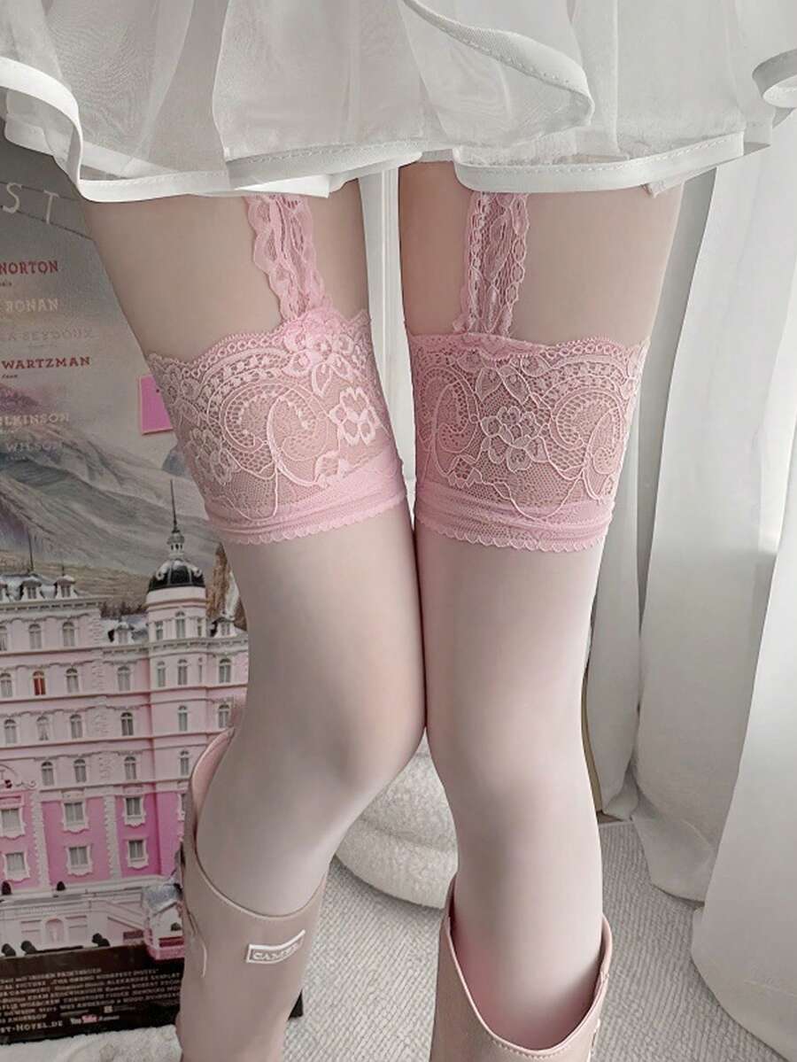 ROMWE Fairycore 1双性感纯色蕾丝袜，复古粉色吊带连裤袜，性感超薄弹力连裤袜 - 淺粉色 - 查看 1