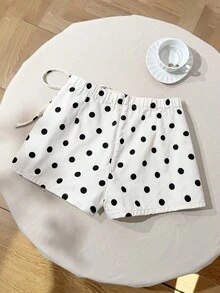 Comfortcana 大码撞色波点印花牛仔短裤，夏季女装，春季女装，复活节女装短裤，沙滩女装，外出度假女装，休闲女装短裤，波点短裤，白色短裤，波点印花女式短裤，系带腰裙裤，时尚夏季 - 黑與白 - 查看 2