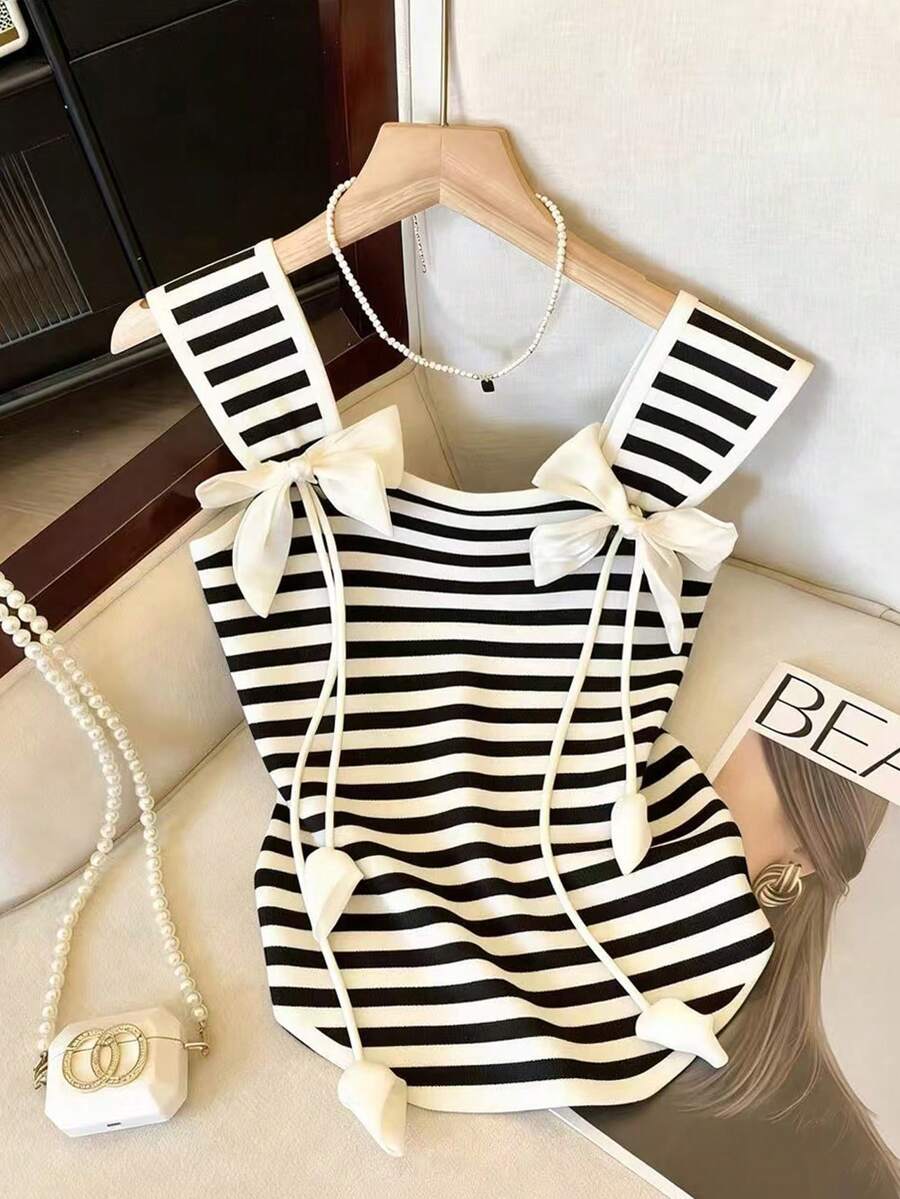 GlowEve Women Striped Fabric 3D Flower Bow Ribbon Tank Top,Summer - Black and White - View 1