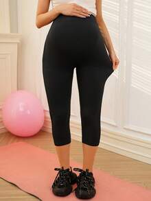 SHEIN Maternity Solid Color High Waist Casual Versatile Sports Capri Pants - Black - View 6
