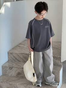 青少年男童标语印花圆领插肩短袖休闲宽松T恤 夏季 - 灰色 - 查看 5
