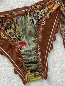 Soleia Bộ bikini đi biển cổ điển nhiều màu sắc với họa tiết da báo, ngựa vằn, hoa lá, kiểu dáng bèo nhún, buộc dây phía trước và tua rua trang trí dành cho nữ. - màu nâu - Xem 4