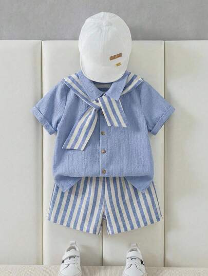 SHEIN Toddler Boys' Casual Striped Poncho Patchwork 2 In 1 Short Sleeve Shirt And Striped Shorts Set,Toddler Boy Clothes,Toddler