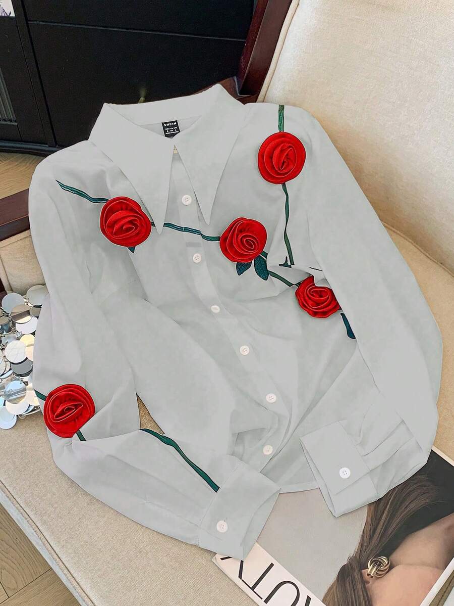 Lyxana Blusa casual da donna elegante, taglia standard, con stampa di rami verdi e fiori 3D per il giorno di San Valentino - Grigio - Visualizzare 1