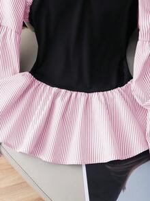 Lyxana 女款粉色與白色拼接羅紋V領收腰不對稱抓褶長袖襯衫，優雅派對秋季洗鍊職場襯衫 - 粉色 - 查看 6