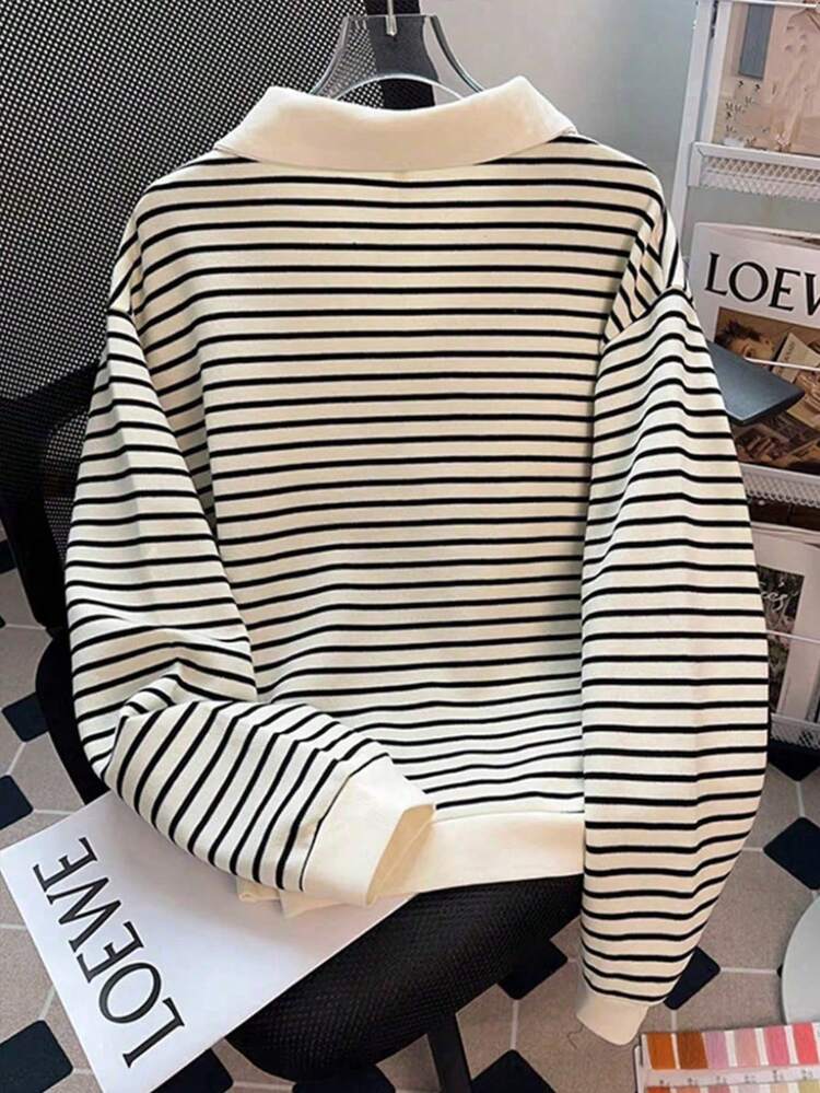 Franclia Sweatshirt décontracté à col polo zippé, manches longues, rayé avec broderie de lettres pour femmes - Nude - Voir 2