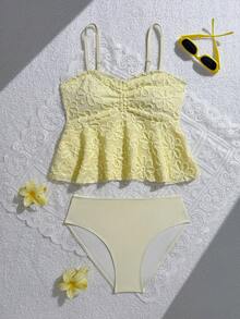 SHEIN 2件套少女时尚针织向日葵纯色比基尼泳衣 - 黃色 - 查看 1