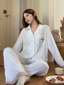 DAZY 2pcs/Set Women Bow Tie & Puppy Embroidery Loose Cardigan Long Sleeve & Pants Pajama Set, Autumn/Winter - White - View 6