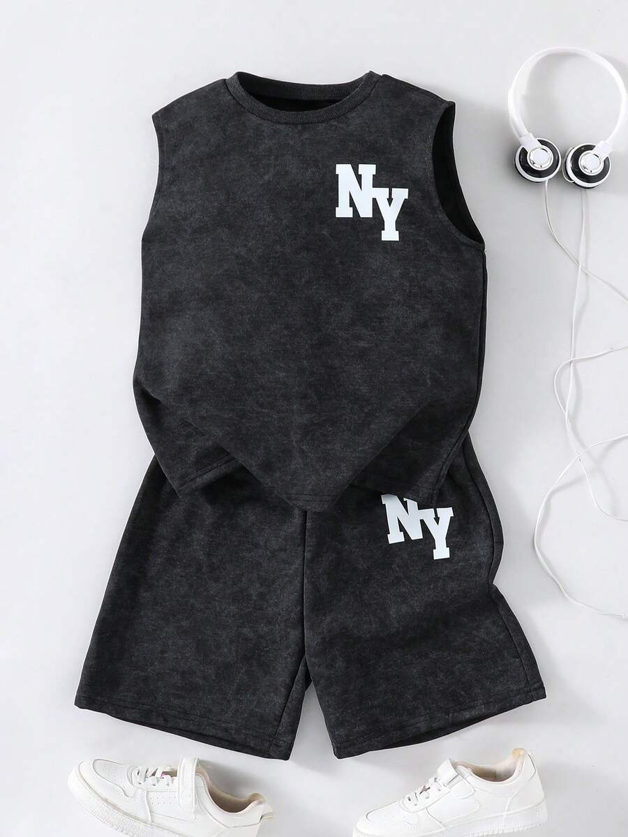 Vacaura 2 piezas Camiseta de cuello redondo de punto con estampado de copos de nieve falsos y pantalones cortos a juego de punto para niños, diseño de estampado pequeño en la parte delantera, tela cómoda, versátil para primavera, verano, otoño - Negro - Ver 1