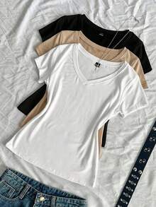 SHEIN EZwear 3件装女士夏季V领紧身T恤，朋克亚文化动漫纯色基础款V领短袖修身T恤 - 彩色 - 查看 1