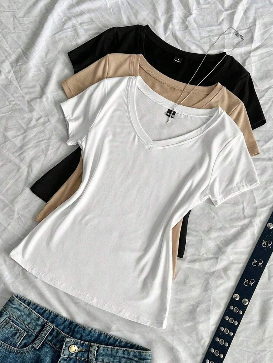 SHEIN EZwear 3件装女士夏季V领紧身T恤，朋克亚文化动漫纯色基础款V领短袖修身T恤 - 彩色 - 查看 1