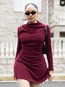 Melissa Matos 女士优雅简约精致浪漫甜美日常通勤婚礼派对音乐节节日褶皱 A 字迷你连衣裙，红色长袖 - 酒紅色 - 查看 5