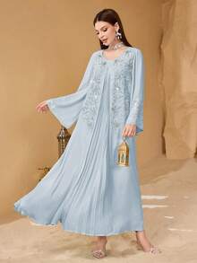 SHEIN Najma Vestido de manga larga con pliegues en el frente, bordado de perlas y parches elegante para mujeres - Celeste - Ver 6