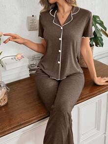 SHEIN Women's Classic Simple Brown V-Neck Short Sleeve Top And Pants Loungewear Set, Casual Everyday Sleepwear - Brown - View 6