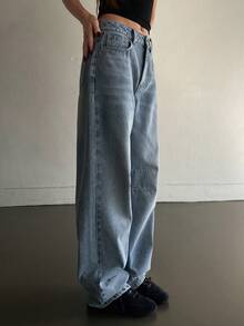 Livesso 女士带口袋纽扣休闲百搭日常穿着阔腿牛仔裤 - 藍色 - 查看 5