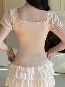 DAZY Women's Summer Floral Embroidery Trim Fitted Puff Sleeve T-Shirt - White - View 3