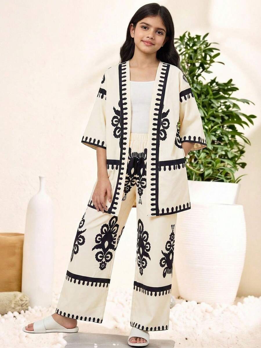 SHEIN Tween Girl Vacation Casual Printed Short Sleeve Cardigan And Straight Leg Pants Set - Apricot - View 1