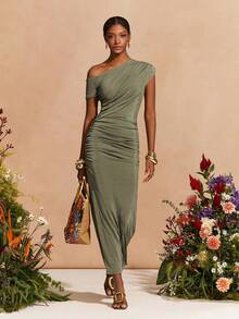 Zivah 2026 Spring/Summer New Arrivals, Casual Olive Green Asymmetric One-Shoulder Knit Pleated Decorated Long Dress For Women, Suitable For Valentine's Day Outfit, Wedding Guest Attire, Vacations, Travel, Parties, Gatherings, Cruises, Evenings, Beach Sunbathing, Nighttime Outings, Brunch, Shopping, Formal Occasions, Dinner Parties. - Grey - View 3