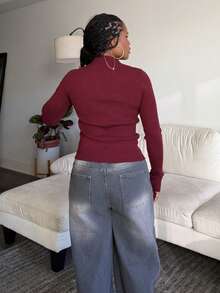 Tyla Gomez Solid Color Hollow Out Half Turtle Neck Sweater,Long Sleeve Tops,Fall Clothes - Burgundy - View 2