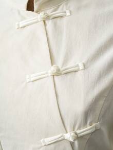 Elamini 黑色亚麻面料开襟立领纽扣不对称下摆长袖外套，女士秋冬复古中式优雅学术办公日常百搭款 - 白色 - 查看 6