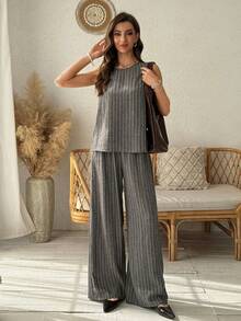 Vivie Lora Women's Striped Sleeveless Tank Top And Wide Leg Pants 2 Pieces Set - Dark Grey - View 2
