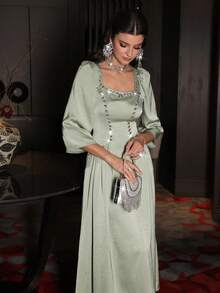 Layrah Handmade Rhinestone Beaded Square Neck Puff Sleeve Arabic Style Dress - Green - View 5