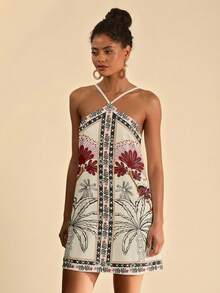 Travachic 休闲简约度假波西米亚风优雅浪漫复古椰树花卉印花沙滩连衣裙，露背系带迷你连衣裙，春夏舒适款 - 白色 - 查看 6