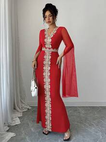 SHEIN Raffinéa 女士优雅蕾丝拼接V领开衩修身鱼尾连衣裙 - 紅色 - 查看 7