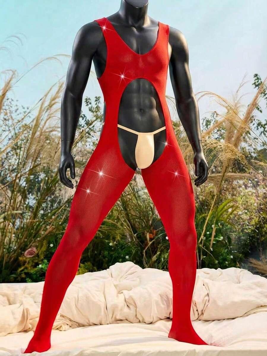 WENEZON 男士性感红色镂空修身连体裤 - 紅色 - 查看 1