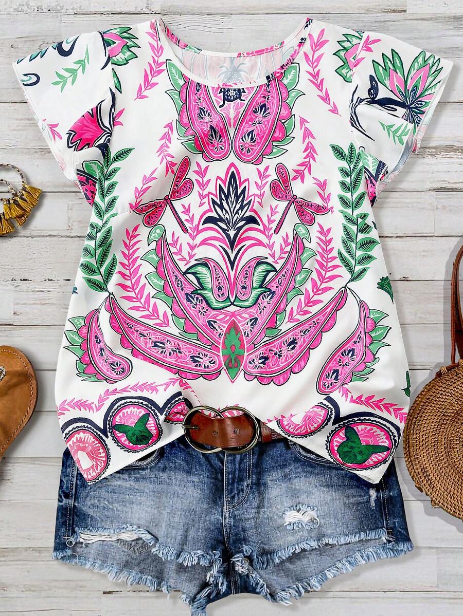 SHEIN Elenzya Elegant Paisley Print Casual Blouse, Suitable For Daily Wear, Beach, Summer Party, Family Gathering, Unique Design - Multicolor - View 1